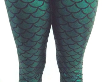Green (on black) Holographic Mermaid Leggings, Shiny Leggings, Yoga Pants, Running Pants, Pocket Leggings, Leggings with Pockets