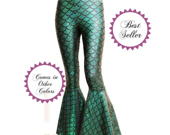 Mermaid Bell Bottom Flares, Flared Holographic Mermaid Leggings