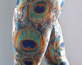 Green Peacock Leggings, Printed Leggings, Yoga Pants, Running Pants, Pocket Leggings, Leggings with Pockets