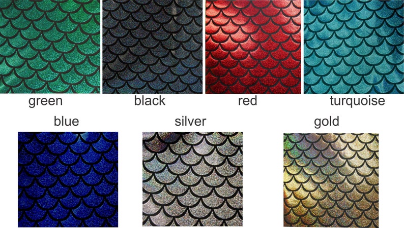 May include: A set of 10 different colors of mermaid scale fabric. The colors are green, blue, black, silver, red, turquoise, and gold.
