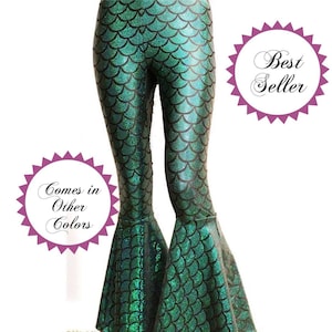 Youth Mermaid Bell Bottom Flares, Flared Holographic Mermaid Leggings, Festival Clothes, Bell Bottom Mermaid Pants