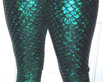 Green (on black) Holographic Small Scale Mermaid Leggings, Pocket Leggings, Leggings with Pockets