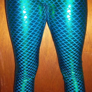 Green (on blue) Holographic Small Scale Mermaid Leggings, Pocket Leggings, Leggings with Pockets