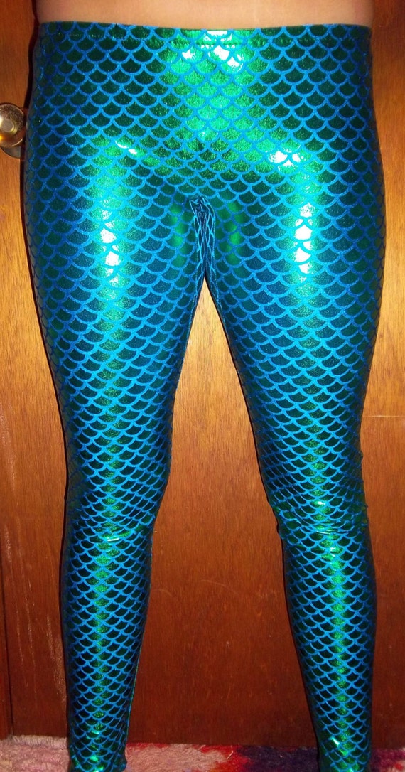 Green on Blue Holographic Small Scale Mermaid Leggings, Pocket