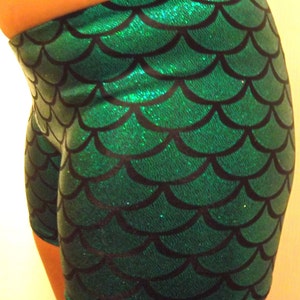 Youth Green (on black) Holographic Mermaid Shorts, Cheer Shorts, Spandex Dance Shorts, Spandex Gymnastics Shorts, Running Spandex Shorts