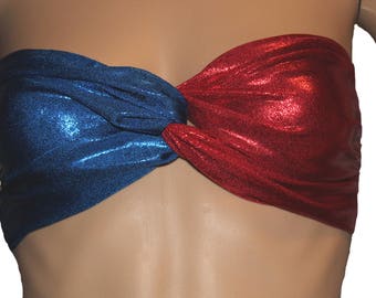 Harlequin Twisted Bandeau Top, Red/Blue Costume, Harley Costume, Quinn Costume