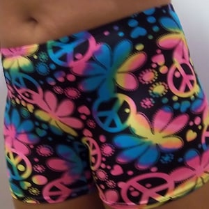 Youth Flower & Peace Sign Shorts, Cheer Shorts, Spandex Dance Shorts, Spandex Gymnastics Shorts, Running Spandex Shorts