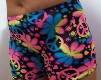 Youth Flower & Peace Sign Shorts, Cheer Shorts, Spandex Dance Shorts, Spandex Gymnastics Shorts, Running Spandex Shorts