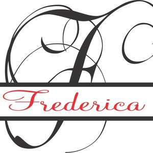 May include: A black decorative letter F in a cursive script font with elaborate flourishes. A horizontal black bar cuts through the center of the letter, containing the name Frederica written in a red cursive script font.