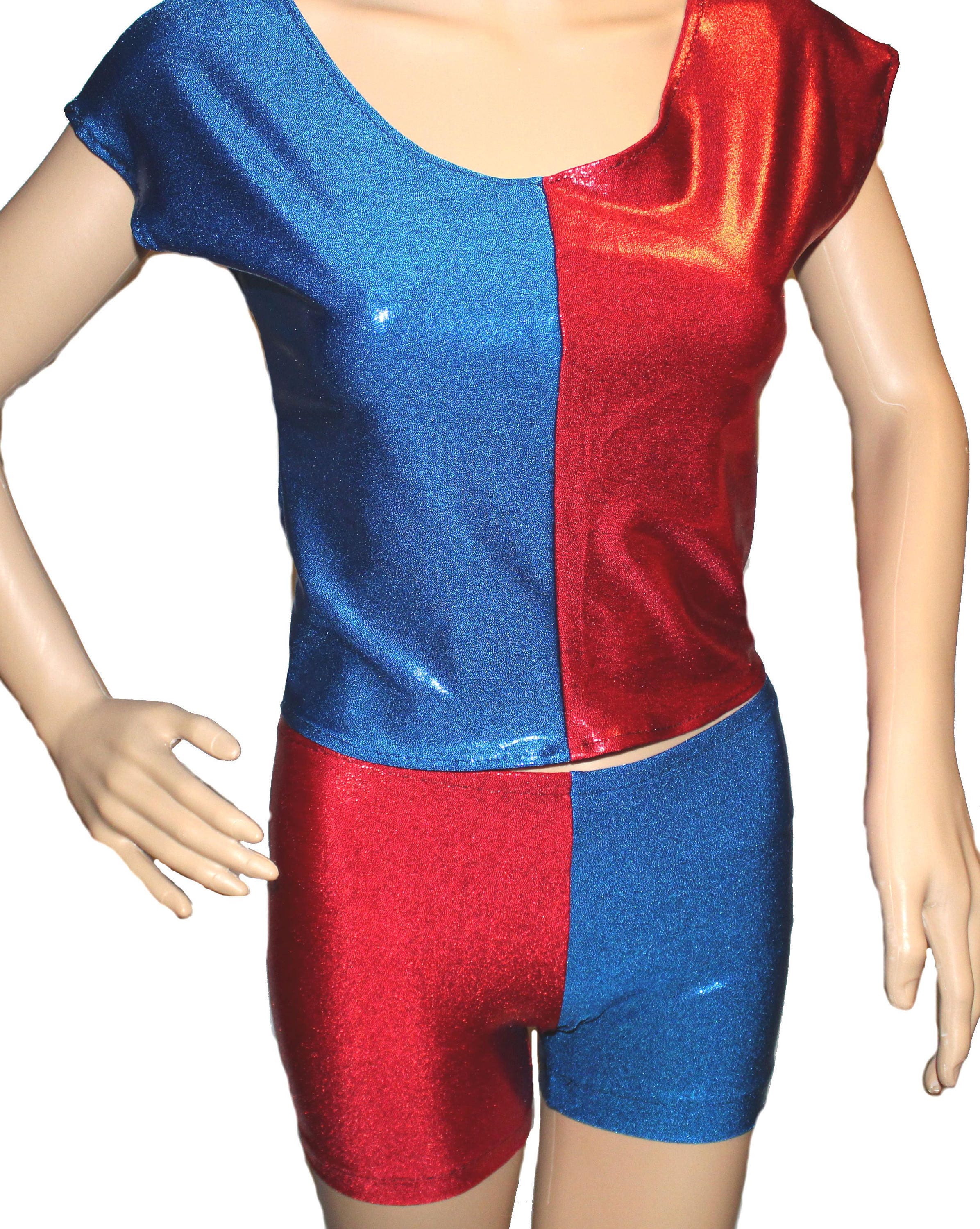 Red and Blue Shiny Hotpants (Harley Quinn style) Child size Red and Blue Shiny Hotpants (Harley Quinn style) Child size