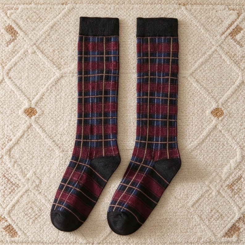 Vintage Plaid Knee High Socks, Cozy Cotton Tartan Calf Socks, Retro ...