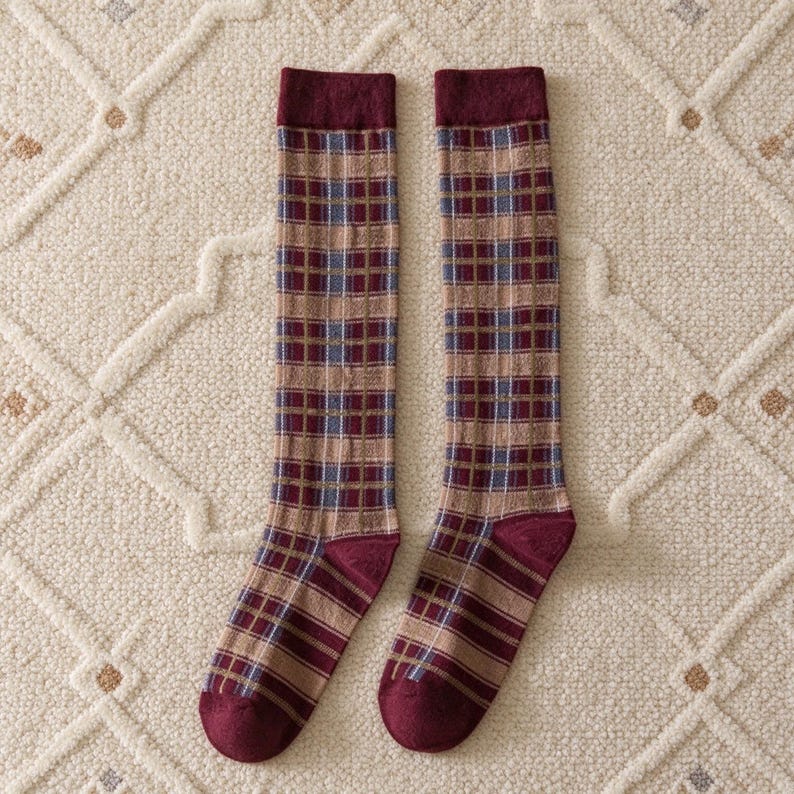 Vintage Plaid Knee High Socks, Cozy Cotton Tartan Calf Socks, Retro ...