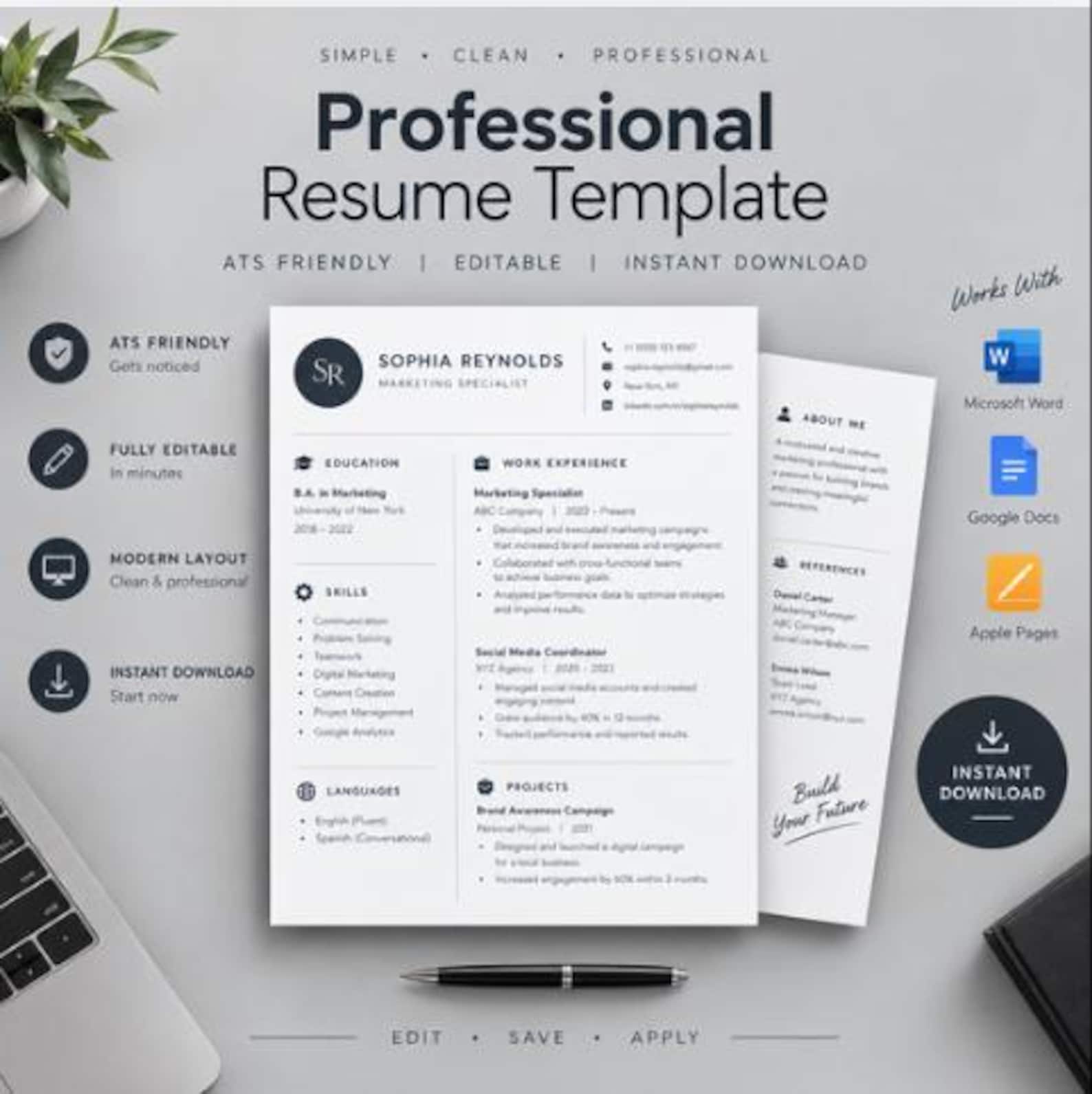 Professional Resume Template, Modern Cv Template for Word, Ats Friendly ...