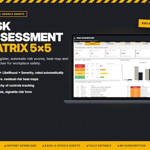 May include: A digital risk assessment matrix 5x5 template for Excel and Google Sheets displayed on a laptop screen. The interface features a risk dashboard with heat maps, hazard registers, and action trackers for workplace safety management.