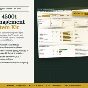 May include: An ISO 45001 Management System Kit featuring an Excel Control Centre and 44 Word documents. The digital interface displays an OH&S Management System Dashboard with clause maps, implementation scores, and legal compliance status.