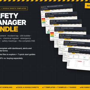 May include: A digital bundle of 7 Excel and Google Sheets templates for safety management, featuring dashboards for risk assessment, incident logs, JSA builder, ergonomics, chemical register, emergency equipment, and meeting trackers on a dark background.
