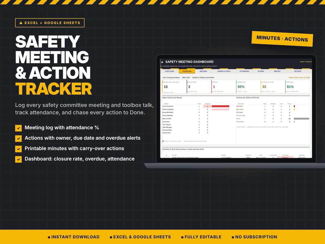Safety Committee Meeting Tracker Excel, Safety Meeting Minutes Template ...