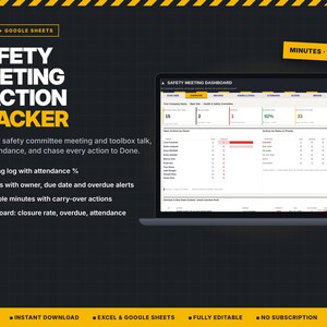 May include: A digital safety meeting and action tracker template for Excel and Google Sheets displayed on a laptop screen. The interface features a dashboard with attendance percentages, action owner lists, and status tracking columns.