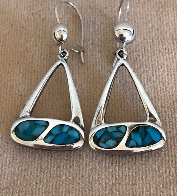 Triangular shape silver and natural turquoise ear… - image 1