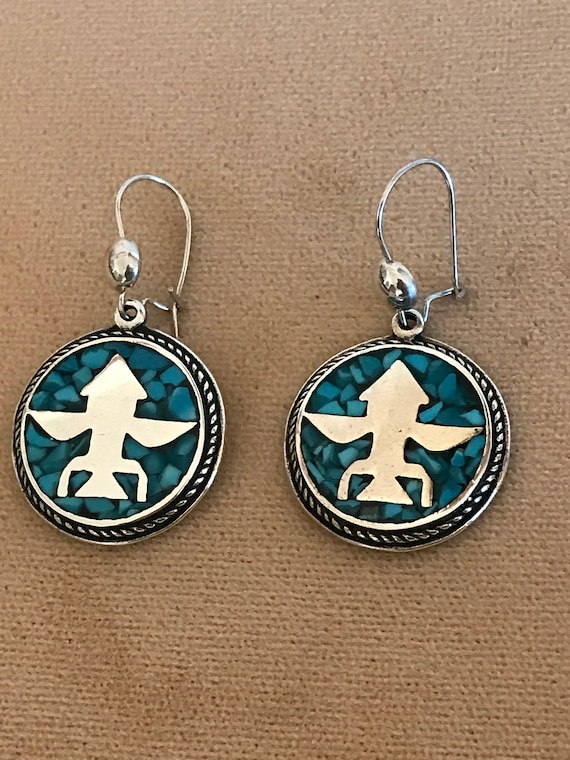 Silver and turquoise hand crafted Navajo earrings,