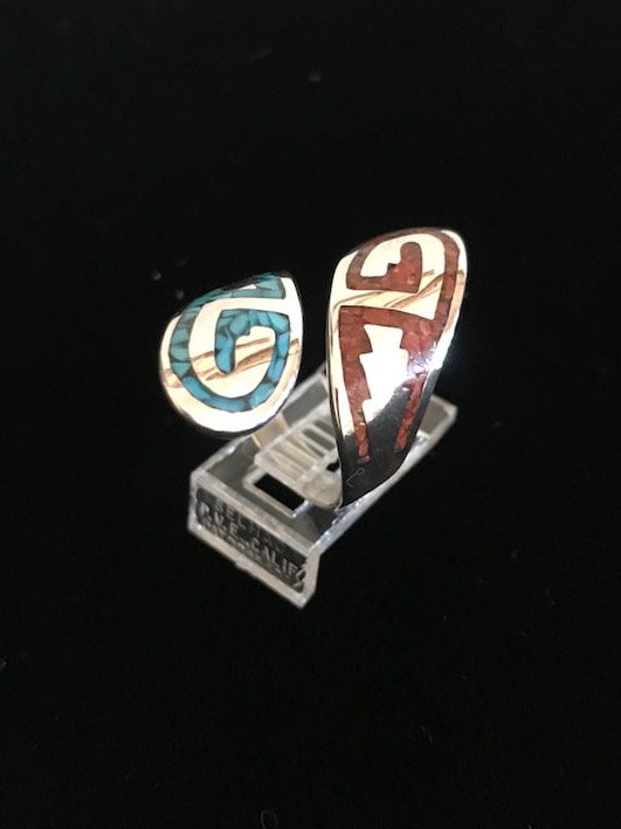 Hopi  style adjustable turquoise and coral silver… - image 3