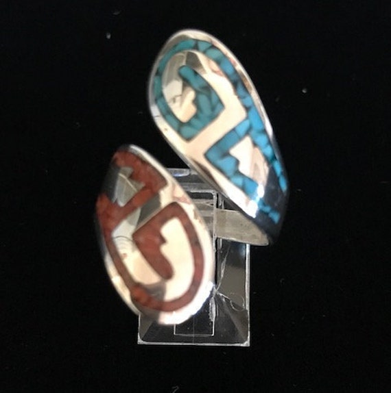 Hopi  style adjustable turquoise and coral silver… - image 1