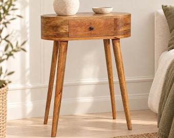 Narrow Mango Wood Console Table with Drawer, Oak Tone Small Hallway Table