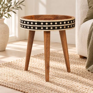 Small Round End Table with Bone Inlay Border and Tripod Legs