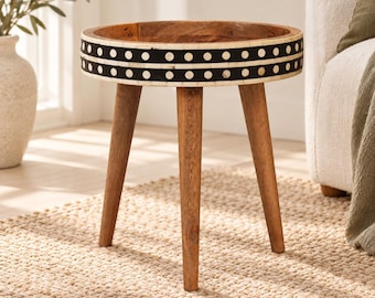 Small Round End Table with Bone Inlay Border and Tripod Legs