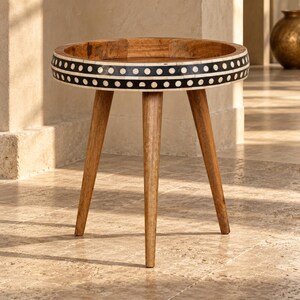 Round Bone Inlay Side Table with Tray Top and Tripod Legs