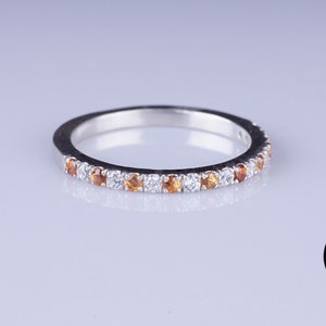 Mandarin Spessertite Garnet and White Cubic Zirconia 2mm Half Eternity Sterling Silver Ring