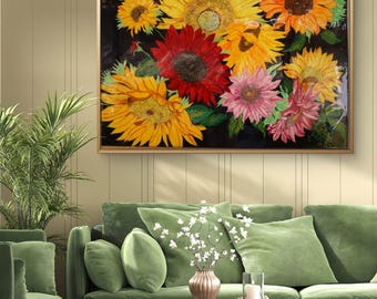 May include: A rectangular wall art piece featuring a vibrant floral arrangement of sunflowers in shades of yellow, orange, deep red, and soft pink against a dark background, all enclosed within a thin, metallic gold-toned frame.