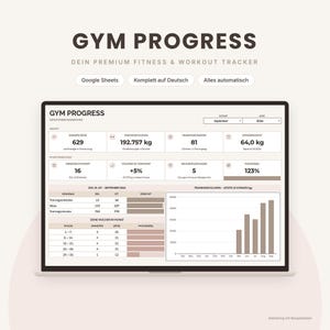 Puede incluir: Un panel digital de seguimiento de fitness y entrenamiento titulado GYM PROGRESS en la pantalla de un portátil. La interfaz muestra tablas de datos, barras de progreso y un gráfico de barras con métricas de volumen y peso.