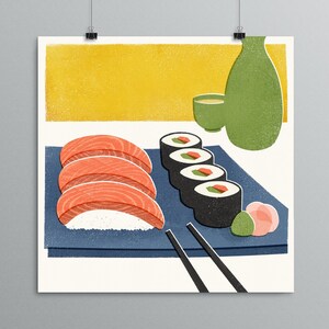 May include: A still life illustration of a plate of sushi with salmon nigiri, a plate of maki rolls, chopsticks, a small cup, and a green bottle. The background is a yellow and white textured surface.