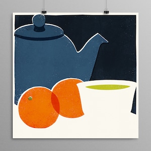 Arte de naturaleza muerta - Tetera con naranjas - Arte de cocina, Mid Century Modern, Té verde, Arte de comida, Ilustración de alimentos, Té, Impresión de arte, Póster