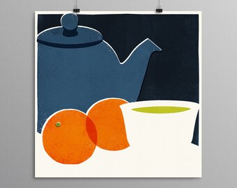 May include: A still life illustration of a blue teapot, two orange oranges, and a white cup with green liquid. The background is dark blue.