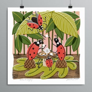 Teatime fo Ladybugs - Bug Poster Series - Ladybug Illustration, Kid's Room, Tea Party, Ladybugs, Tea Time, Cute Bugs, Mid Century Modern