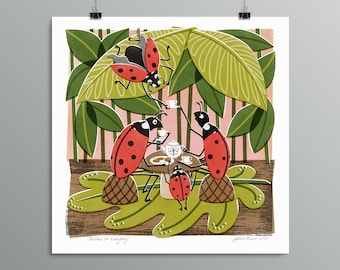Teatime fo Ladybugs - Série d’affiches sur les insectes - Illustration de coccinelles, Chambre des enfants, Tea Party, Coccinelles, Tea Time, Bugs mignons, Mid Century Modern