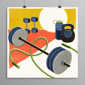 Still Life Art - Workout Gym Scene - Fitness Illustration, Gym Poster, Kettlebell, Lifting Weights, Deadlift, Water Bottle, Gym Rat Gift