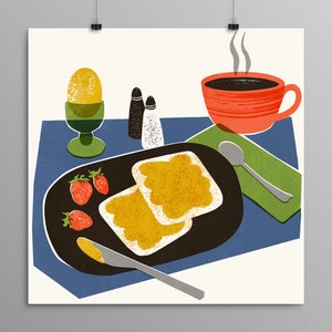 Still Life Art - Breakfast Scene - Mid Century Modern, Food Art, Kitchen Poster, Morning Coffee, Toast, Egg, Berries, Illustration, Salt