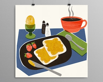 静物画 - 朝食のシーン - ミッドセンチュリーモダン、フードアート、キッチンポスター、朝のコーヒー、トースト、卵、ベリー、イラスト、塩