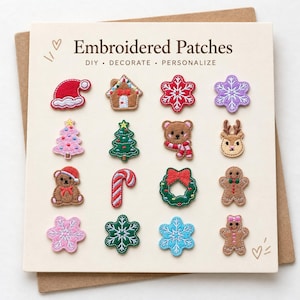 May include: A set of sixteen embroidered patches arranged on a cream card labeled Embroidered Patches DIY DECORATE PERSONALIZE. The patches feature holiday designs including a Santa hat, gingerbread house, snowflakes, Christmas trees, bears, a reindeer, a candy cane, a wreath, and a gingerbread person.