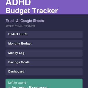 Könnte beinhalten: Eine digitale ADHD-Budget-Tracker-Oberfläche für Excel und Google Sheets mit violettem Header und dunkelblauem Hintergrund. Sie enthält Schaltflächen für Start Here, Monthly Budget, Money Log, Savings Goals, Dashboard und Left to spend.