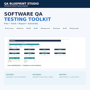 Puede incluir: Una plantilla digital de kit de herramientas de pruebas de software QA con un panel de control para casos de prueba, defectos, RTM, UAT, regresión, lanzamiento, API y Playwright. Incluye secciones editables, reutilizables e instantáneas.