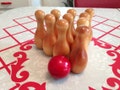 Wooden Bowling Game Set – 10 Pin, Montessori Toy with Red Ball, Skittles Set