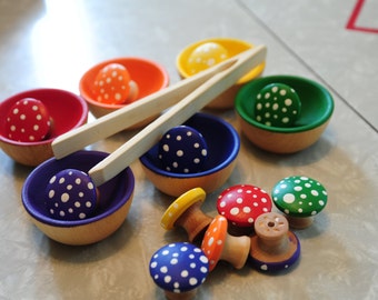 Set of Rainbow Mushrooms, Bowls & Tong - A Waldorf and Montessori Inspired Wooden Counting, Sorting, Educational Toy