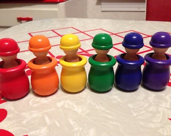 12 Piece Waldorf Toy Wooden Rainbow Peg Dolls and Cups - Montessori Learning Toy