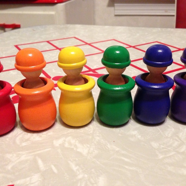 12 Piece Waldorf Toy Wooden Rainbow Peg Dolls and Cups - Montessori Learning Toy