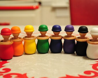 16 piece Waldorf Toy Wooden Rainbow Peg Dolls and Cups - Montessori Learning Toy