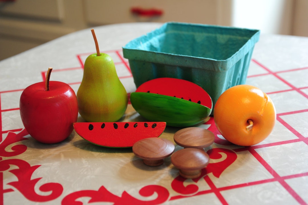 Farmers Market Basket of Wood Play Food Apple Pear Peach Etsy